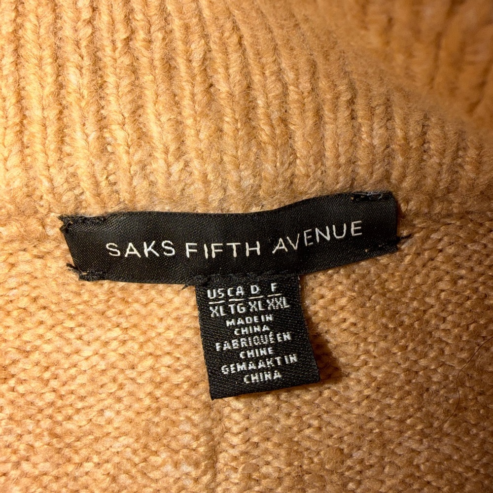 Saks Fifth Avenue Camel Faux Fur Cuff Poncho Sweater XL Cozy Cape Winter Chic - Picture 4 of 6